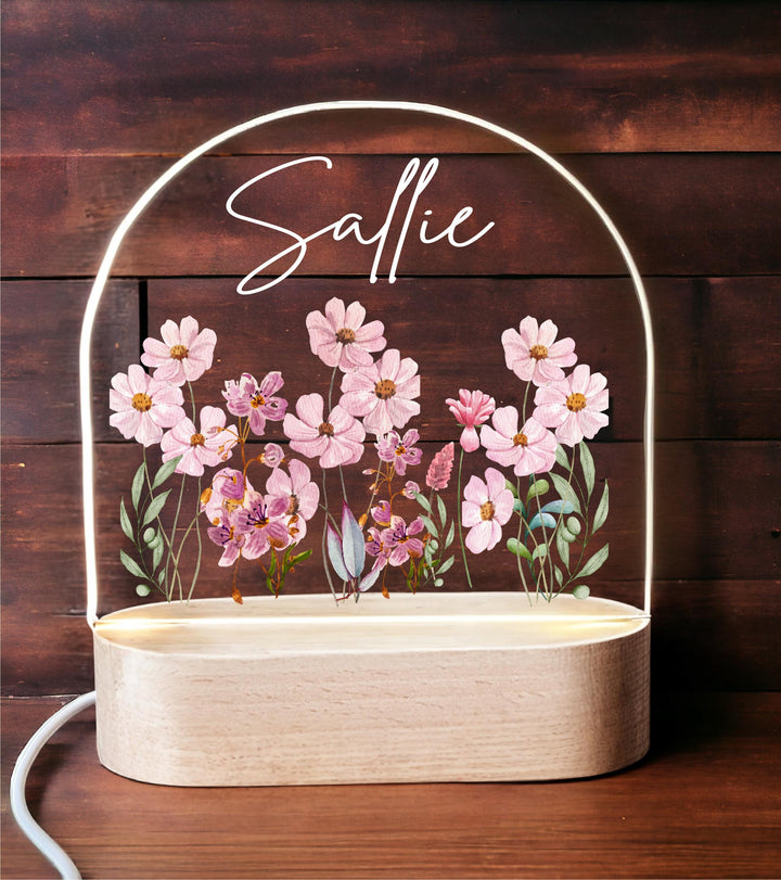Personalized Floral LED Night Light • Custom Girls Bedroom Lamp • Baby Shower Gift • Birthday or Holiday Keepsake for Kids