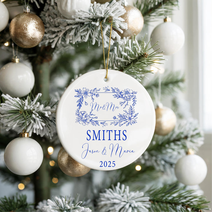 Personalized Mr &amp; Mrs Ornament | Blue Floral Newlywed Gift