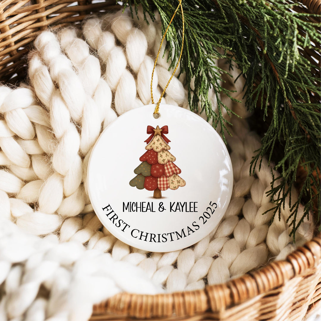 First Christmas Married Ornament 2025 – Personalized Couple Ornament, Rustic Patchwork Tree, Custom Name Holiday Keepsake