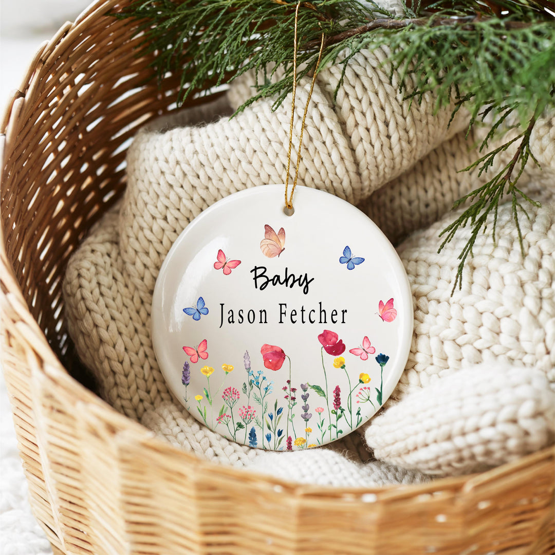 Personalized Baby Ornament – Custom Newborn Gift, Butterfly Floral Keepsake with Name, Baby Shower or First Christmas Ornament