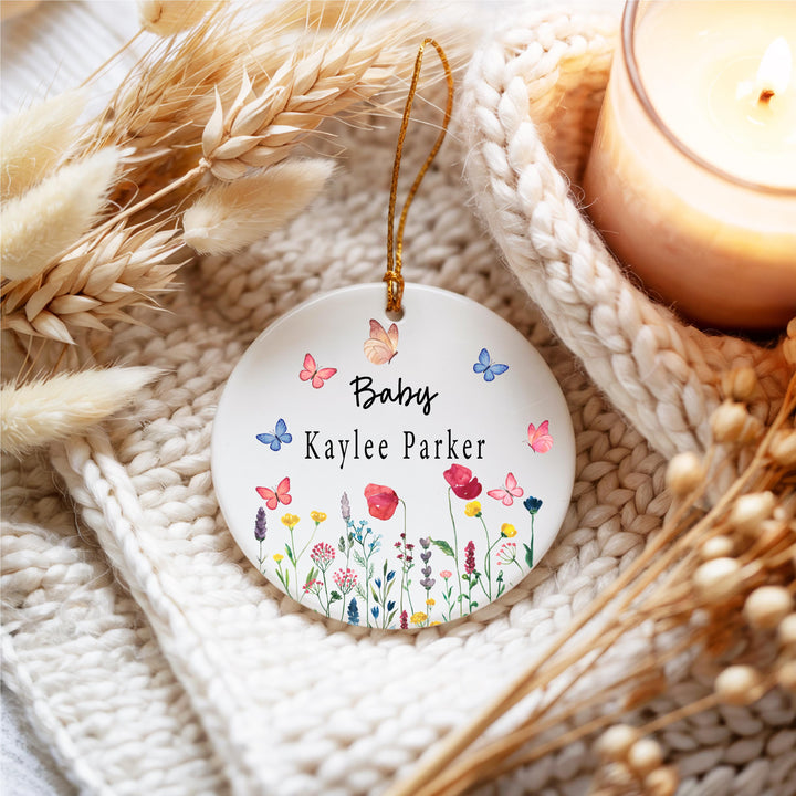 Personalized Baby Ornament – Custom Newborn Gift, Butterfly Floral Keepsake with Name, Baby Shower or First Christmas Ornament