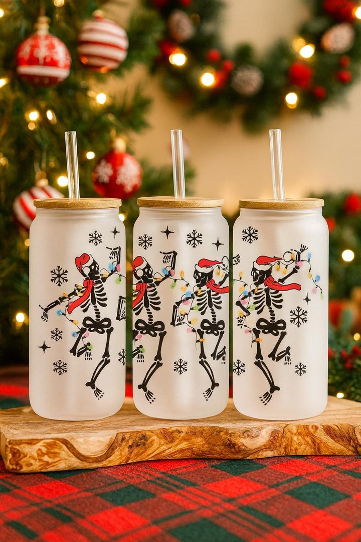 Skeleton Christmas Glass Can – Frosted Holiday Tumbler with Santa Hat &amp; Lights, Funny Spooky Christmas Gift for Friends Parties