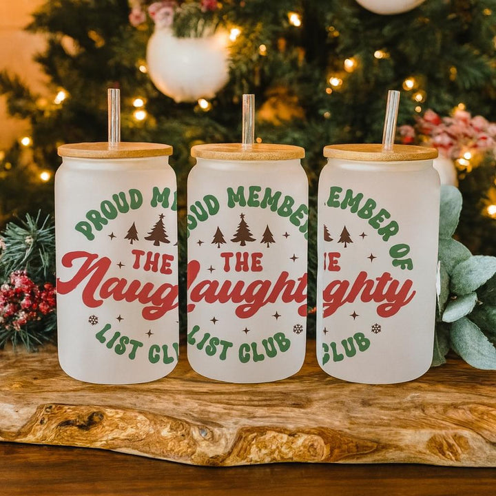 Proud Member of the Naughty List Club Frosted Glass Can | Funny Christmas Tumbler with Bamboo Lid | Adult Holiday Gift