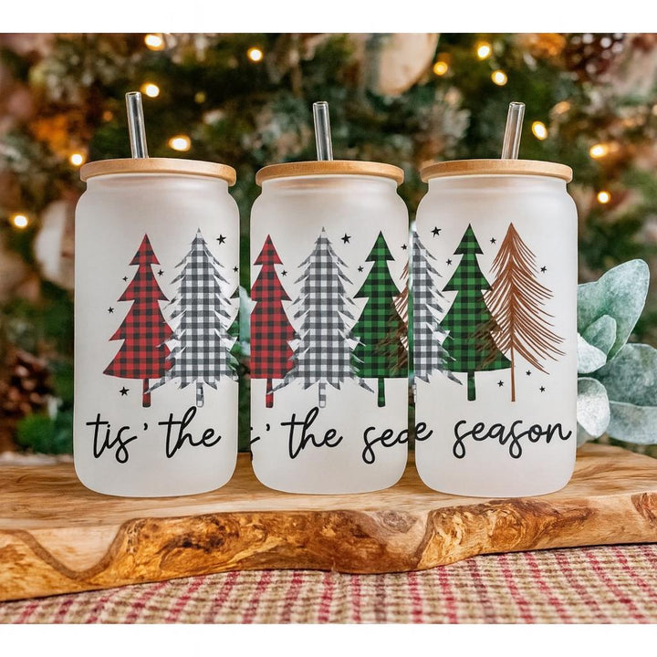 Tis the Season Glass Can | Frosted Christmas Tumbler with Bamboo Lid &amp; Straw | Holiday Plaid Tree Cup | Christmas Gift Idea