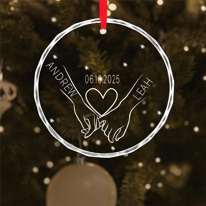 Personalized Glass Couple Ornament, Engraved Hands & Heart Design