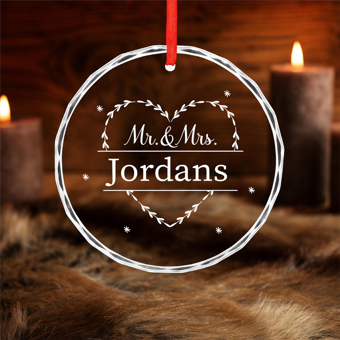 Personalized Mr. &amp; Mrs. Glass Ornament | Laser Engraved Wedding Keepsake