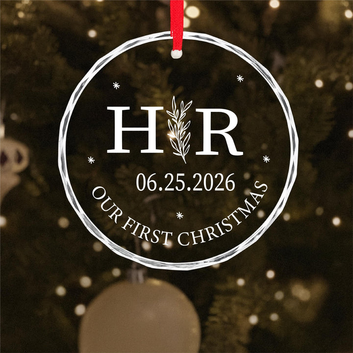 Our First Christmas Glass Ornament – Personalized Laser Engraved Couple Keepsake
