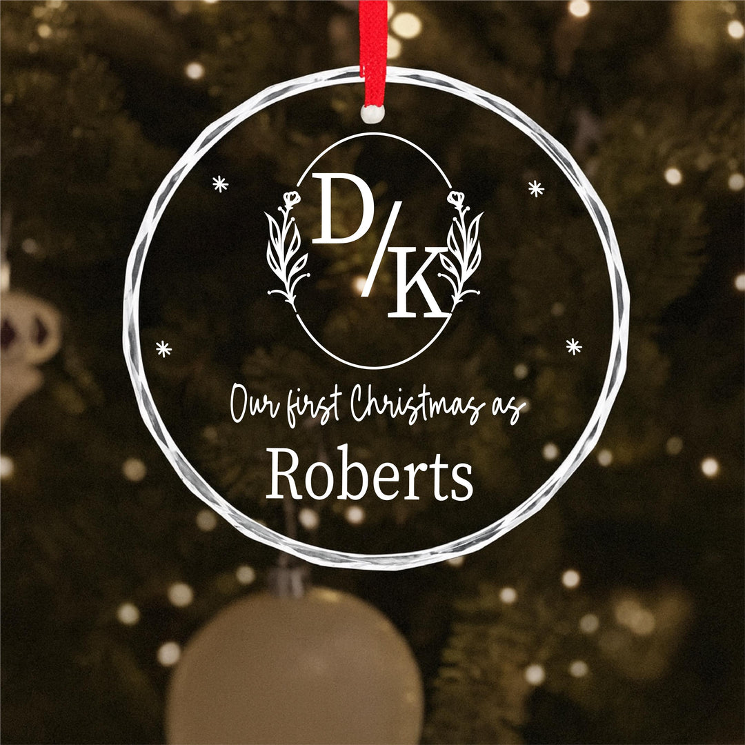 Personalized First Christmas Ornament – Engraved Glass Newlywed Couple Gift