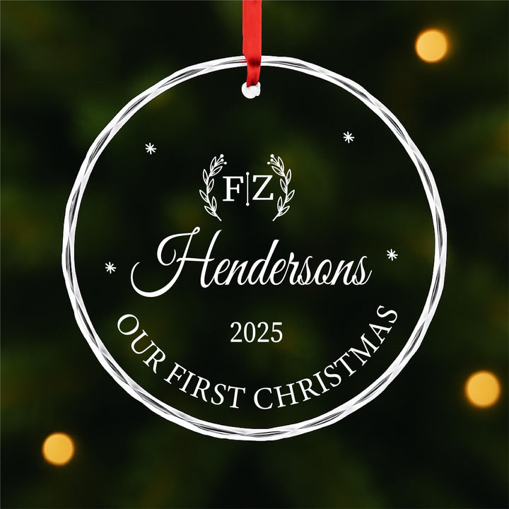 Family Name Glass Ornament – Personalized 'Our First Christmas' Keepsake