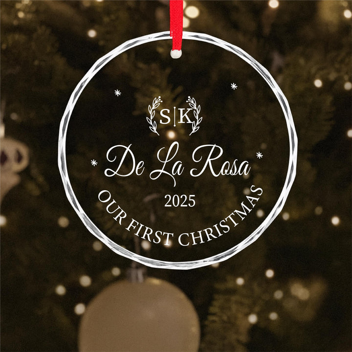 Family Name Glass Ornament – Personalized 'Our First Christmas' Keepsake
