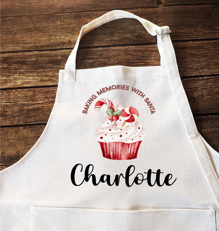 Personalized Christmas Apron – “Baking Memories with Santa” Apron with Name, Holiday Baking Gift for Kids, Family, or Grandma
