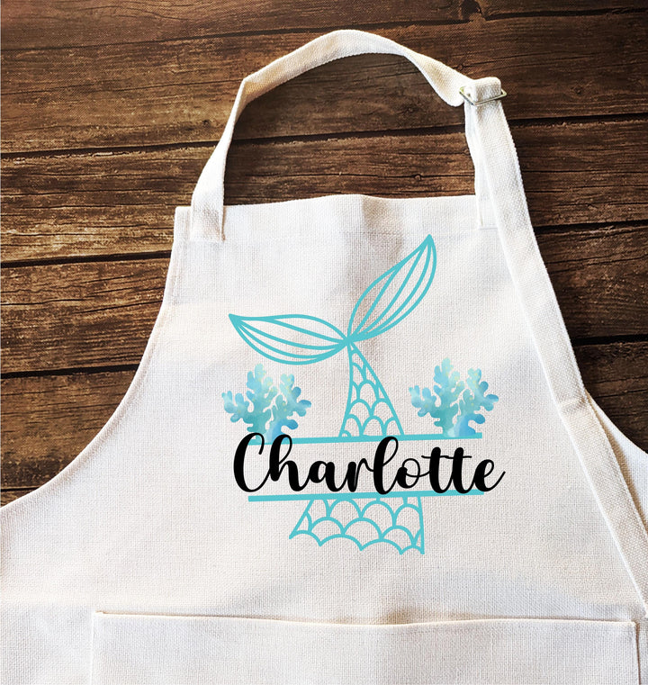 Personalized Mermaid Apron&nbsp;– Custom “Mama &amp; Me” Aprons with Names, Ocean Theme Kitchen Gift for Moms, Daughters&nbsp; Beach Lovers