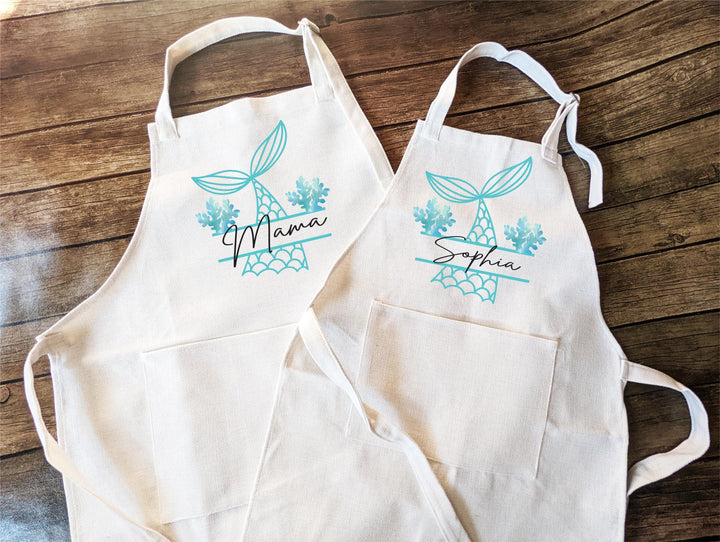 Personalized Mermaid Apron&nbsp;– Custom “Mama &amp; Me” Aprons with Names, Ocean Theme Kitchen Gift for Moms, Daughters&nbsp; Beach Lovers
