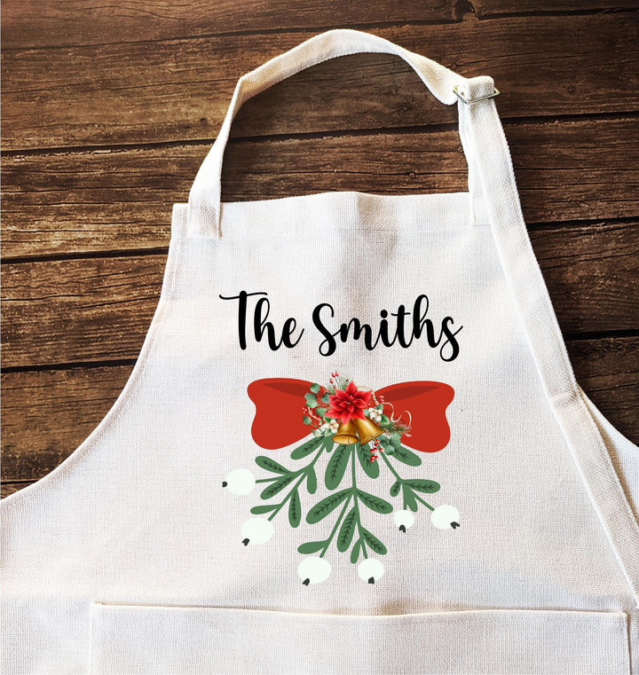 Personalized Christmas Apron Set – Custom Family Name Aprons with Holiday Bow &amp; Mistletoe Design, Couple Baking Gift, Festive Kitchen Set