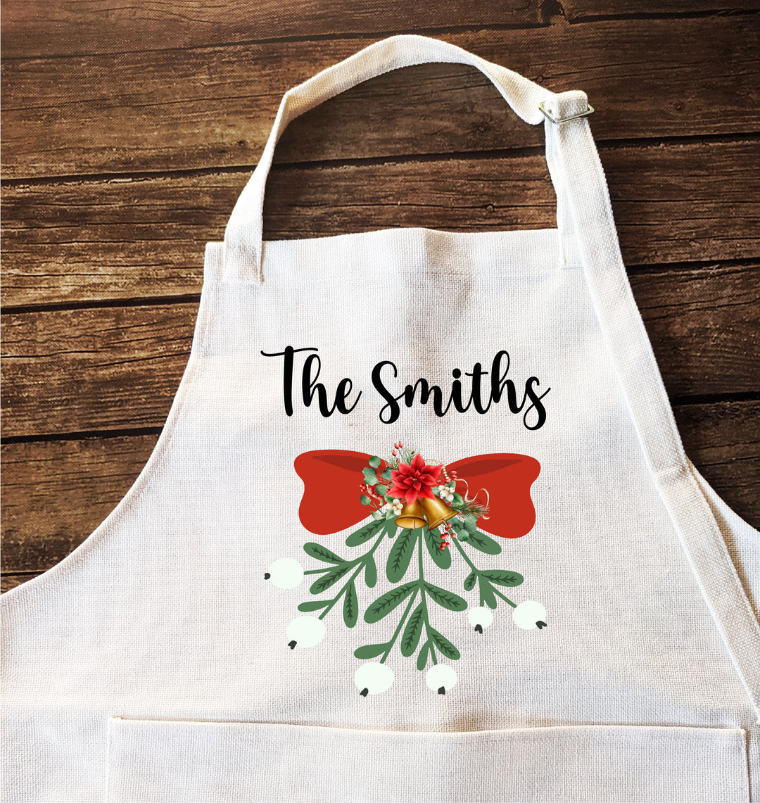 Personalized Christmas Apron Set – Bow & Mistletoe