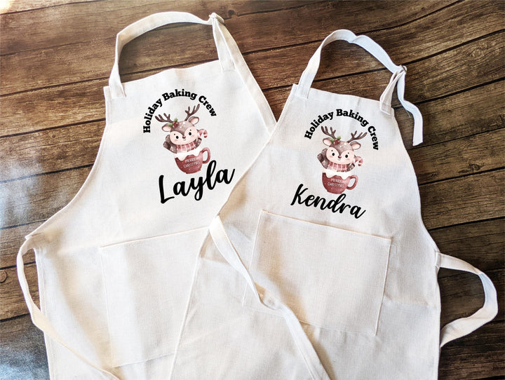 Personalized Christmas Apron – “Holiday Baking Crew” Custom Name Apron with Cute Reindeer Design, Family or Kids Holiday Baking Gift