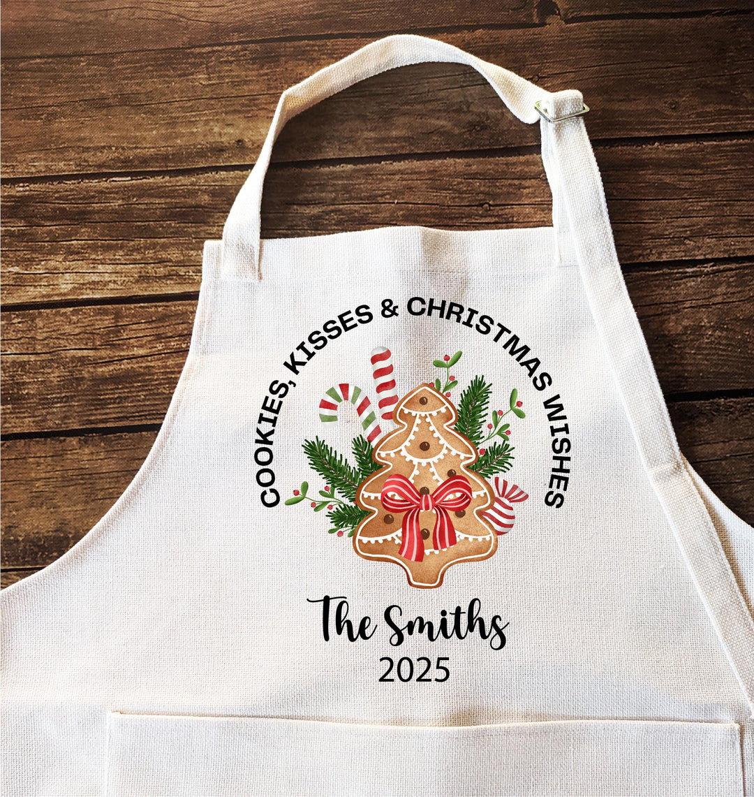 Personalized Christmas Apron Set – “Cookies, Kisses &amp; Christmas Wishes” Custom Name Aprons with Gingerbread Design, Couple Holiday Gift