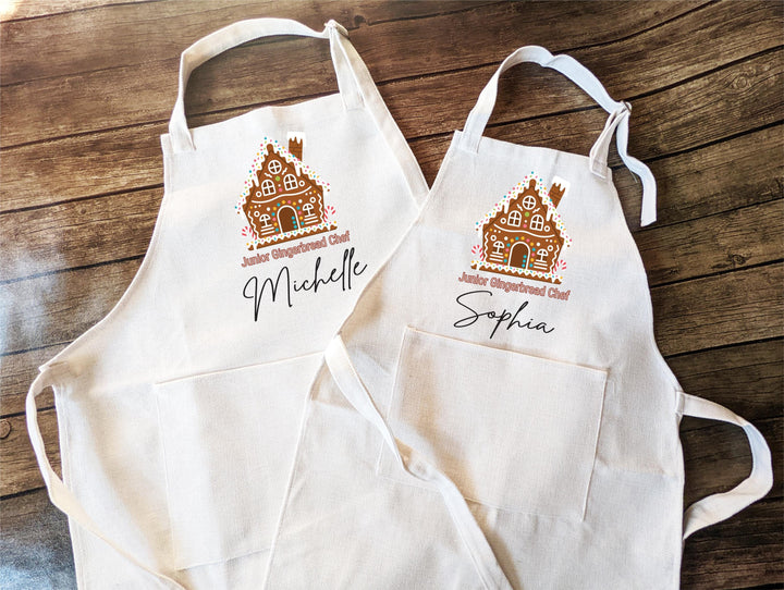 Personalized Kids Christmas Apron – “Junior Gingerbread Chef” Custom Name Apron with Gingerbread House Design, Holiday Baking Gift