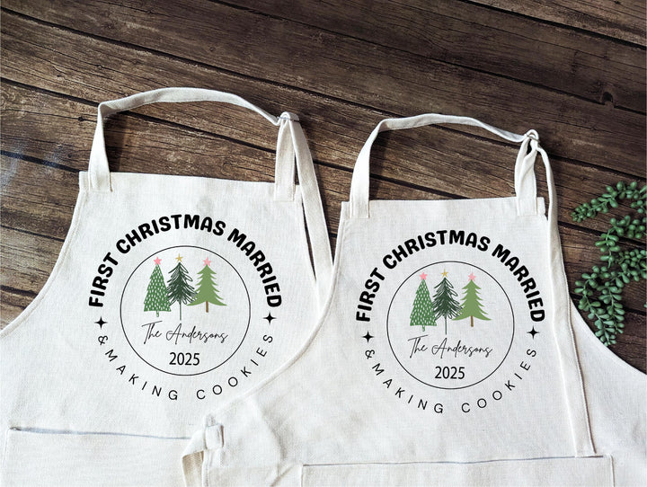 First Christmas Married Personalized Couple Apron Set&nbsp;Custom Name Aprons with Christmas Cookie Tree Design, Newlywed Holiday Gift