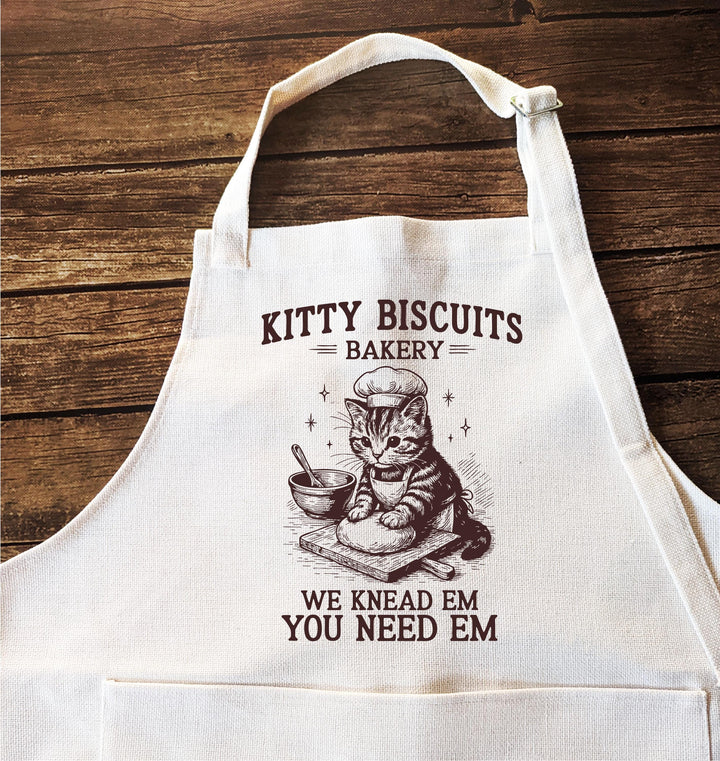 Funny Cat Apron – Kitty Biscuits Bakery, We Knead ’Em You Need ’Em&nbsp;Cat Lover Apron, Cute Baking Gift for Cat Moms &amp; Bakers