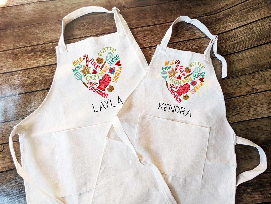 Personalized Kids Baking Apron – Custom Name Apron with Heart Baking Words or Utensil Design, Holiday Kitchen Gift for Little Chefs
