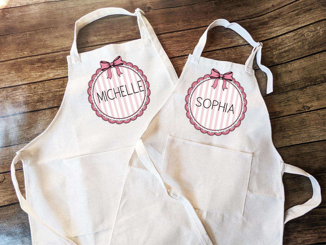 Personalized Kids Apron – Custom Pink Bow Apron with Name, Cute Baking Gift for Girls, Kitchen or Birthday Gift for Little Chefs