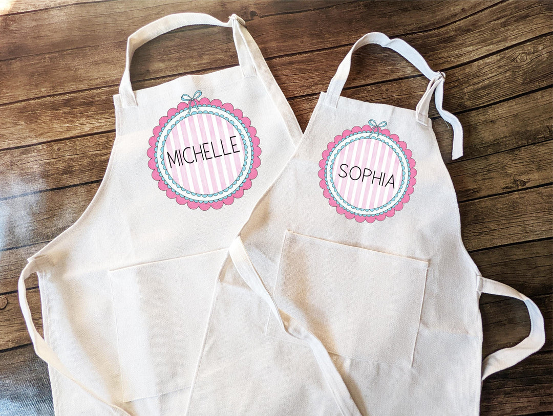Personalized Kids Apron – Custom Pink Striped Apron with Name, Cute Baking Gift for Girls, Kitchen or Birthday Gift for Little Chefs