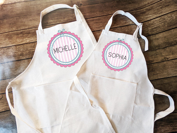Personalized Kids Apron – Custom Pink Striped Apron with Name, Cute Baking Gift for Girls, Kitchen or Birthday Gift for Little Chefs