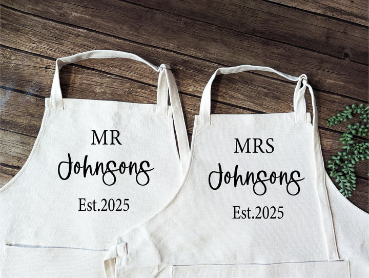 Personalized Mr &amp; Mrs Apron Set – Custom Couple Aprons with Last Name and Est. Year, Wedding, Anniversary, or Bridal Shower Gift