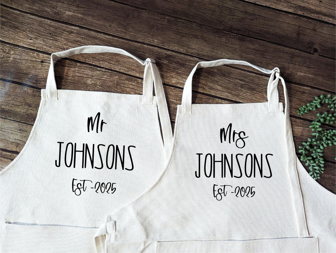 Custom Couple Aprons with Last Name and Est. Year, Wedding, Bridal Shower, or Anniversary Gift