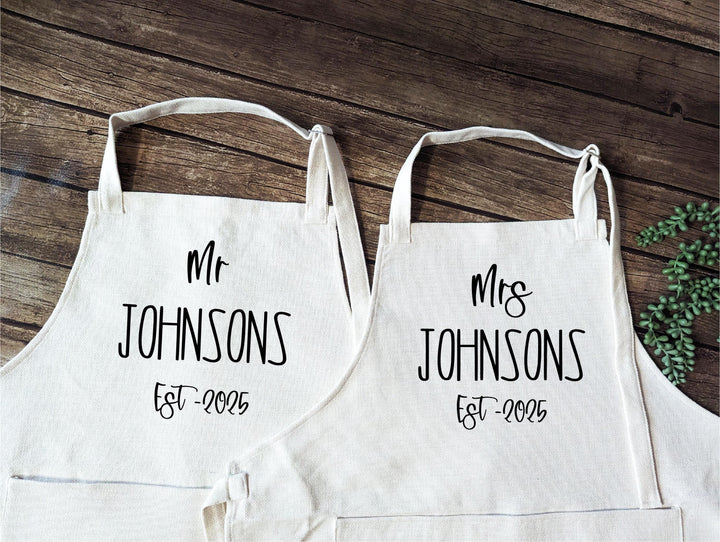 Custom Couple Aprons with Last Name and Est. Year, Wedding, Bridal Shower, or Anniversary Gift