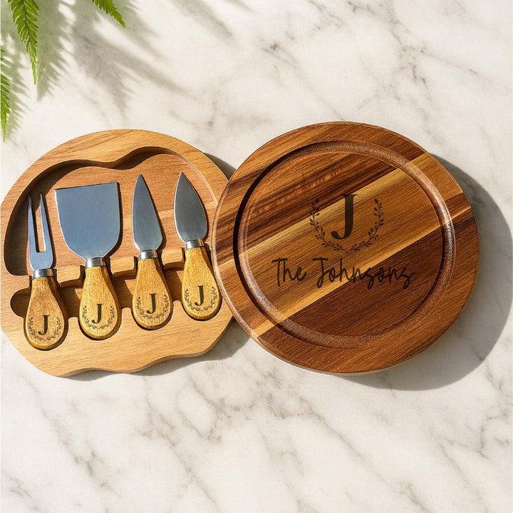 Personalized Two-Tone Acacia Cheese Board Set with Knives – Custom Engraved Charcuterie Board for Couples, Weddings, or Housewarming Gifts