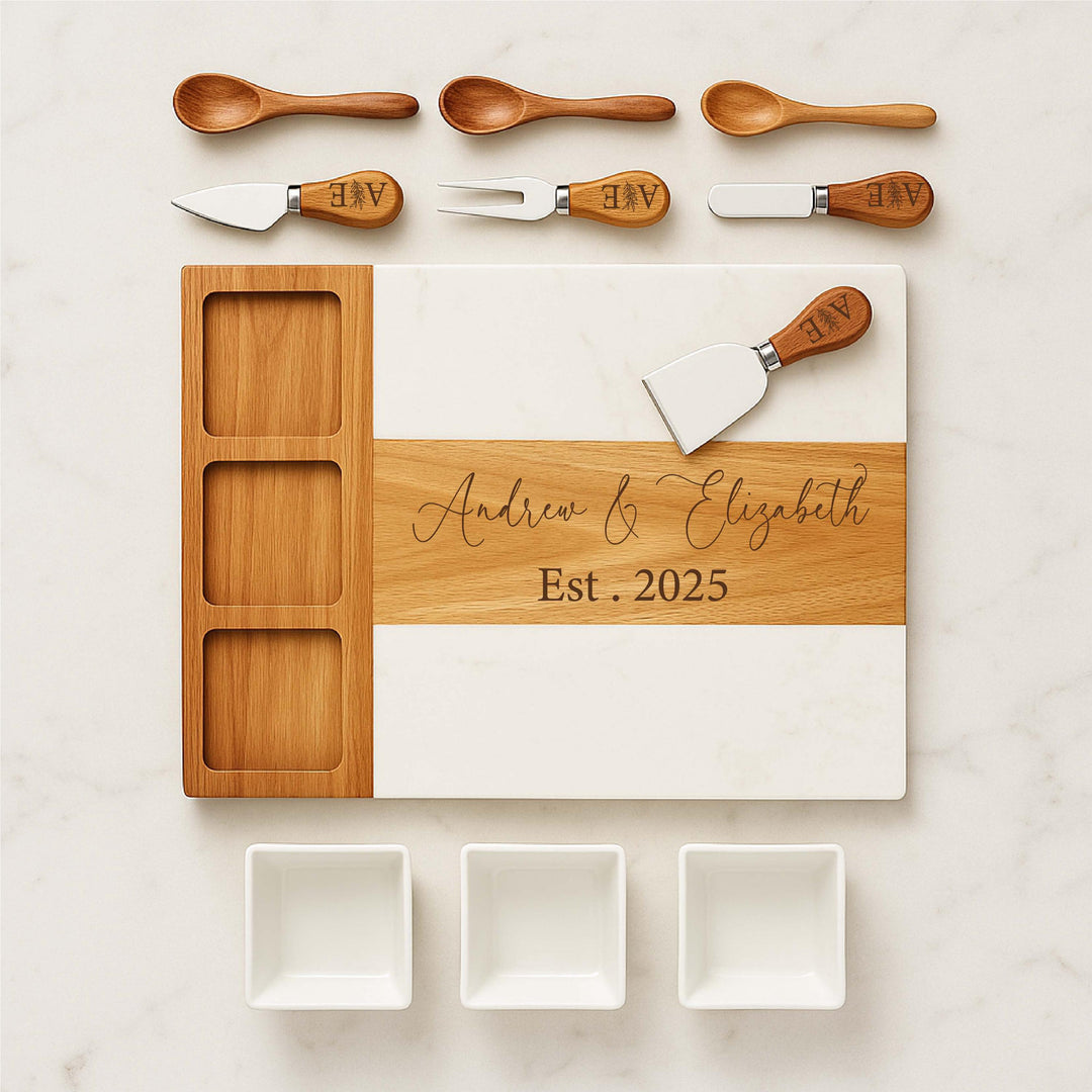 Personalized Marble and Wood Charcuterie Board Set with Knives – Custom Engraved Cheese Board Wedding, Anniversary, or Housewarming Gift
