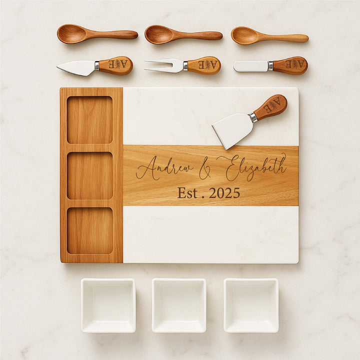 Personalized Marble and Wood Charcuterie Board Set with Knives – Custom Engraved Cheese Board Wedding, Anniversary, or Housewarming Gift
