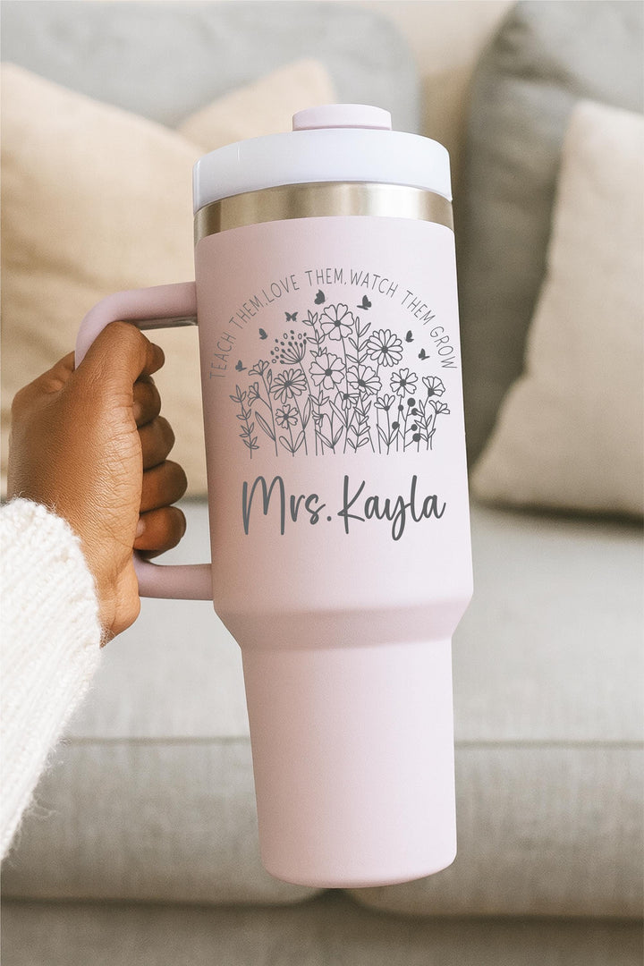 Personalized Teacher Mug – Custom Name Floral Tumbler – Gift for Teacher Appreciation, Christmas, End of Year, or Birthday