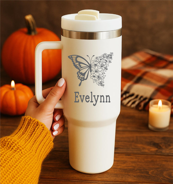Personalized Butterfly name tumbler –Custom Name Floral Tumbler – Gift for Mom, Friend, or Her – Engraved Coffee Cup, Fall &amp; Christmas Gift