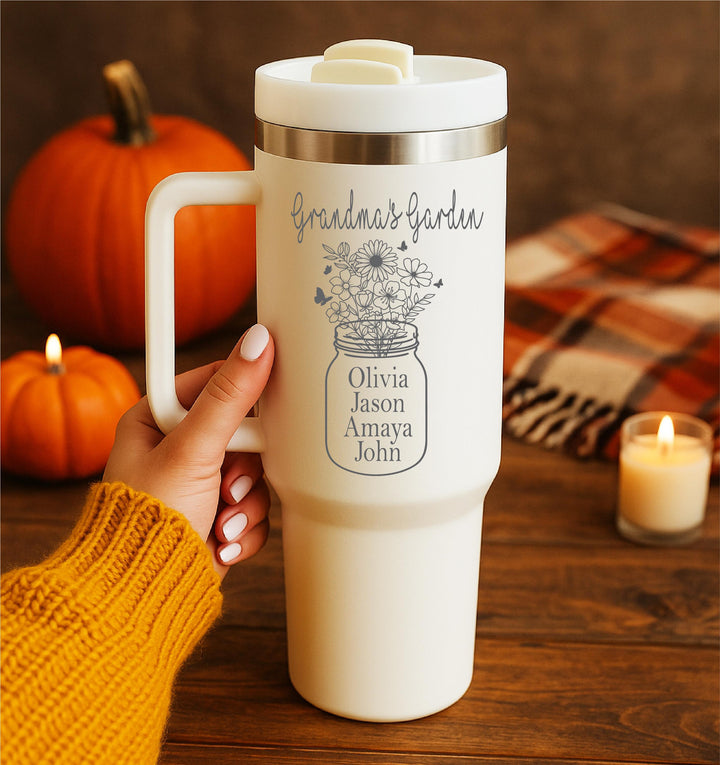 Mother-in-Law Gift from Daughter-in-Law – Personalized Floral Tumbler with Grandkids’ Names – Christmas, Birthday, Mother’s Day Gift
