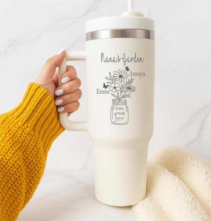 Personalized Nana’s Garden Tumbler with Grandkids’ Names – Sentimental Christmas gift, Mother’s Day, or Birthday Gift for Nana
