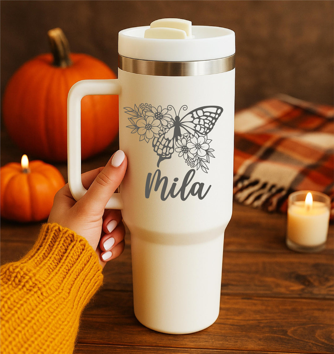 Custom Name&nbsp;Tumbler – Personalized Gift for Mom, Nana, Teacher or Bride – Floral Birth Month Design, Wedding, Birthday, or Christmas Gift