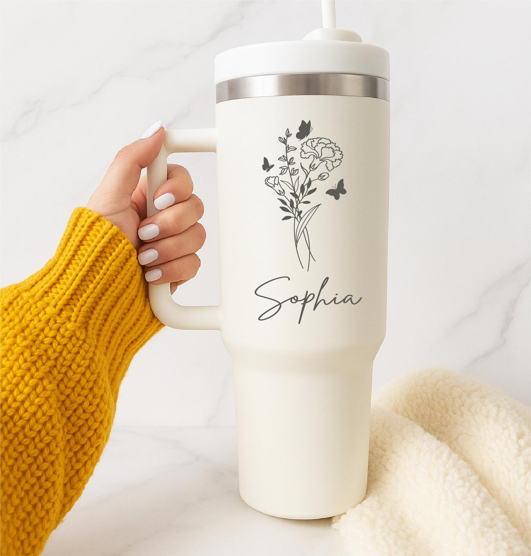 Custom Name&nbsp;Tumbler – Personalized Gift for Mom, Nana, Teacher or Bride – Floral Birth Month Design, Wedding, Birthday, or Christmas Gift
