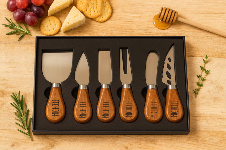 Personalized name Cheese Knife Set – Engraved Wooden Handle Utensils, Wedding, Bridal Shower, or Couple Gift