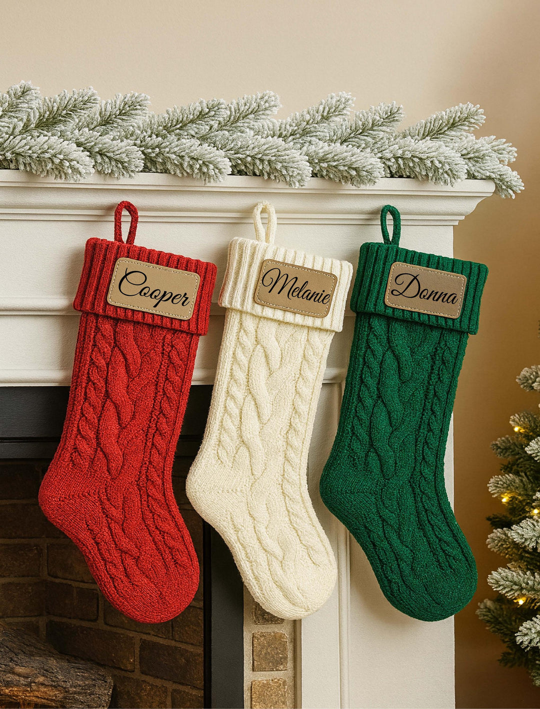 Personalized Family Christmas Stocking - Knitted with Leather Patch