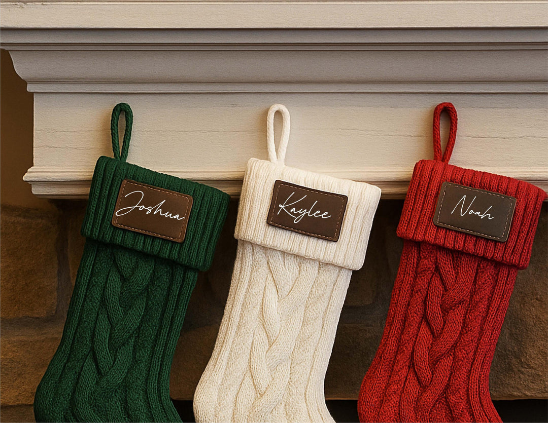 Personalized Knitted Family Stocking with Leather Patch