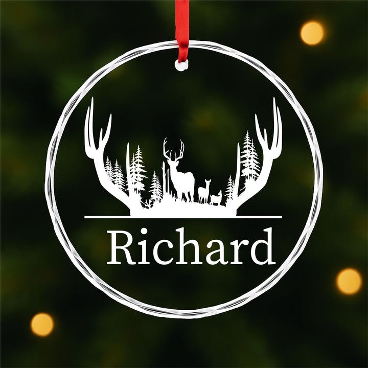 Personalized Deer Family Ornament – Custom Antler Glass Keepsake | Rustic Cabin Christmas Gift for Hunters &amp; Outdoor Families