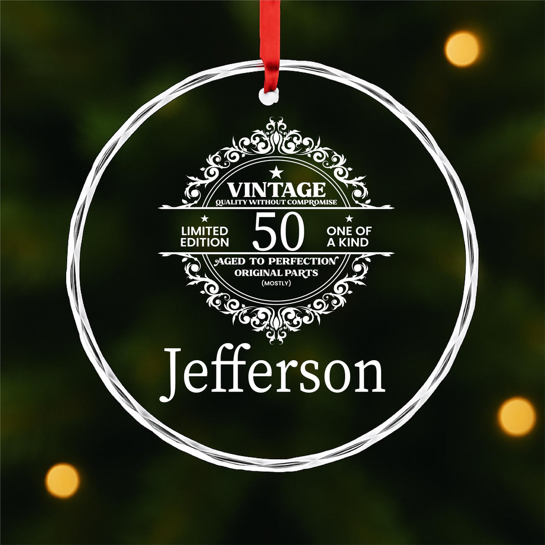 Vintage 50th Birthday Ornament – Custom Glass Keepsake | Personalized “Aged to Perfection” Gift for Him or Her, 1975 Edition
