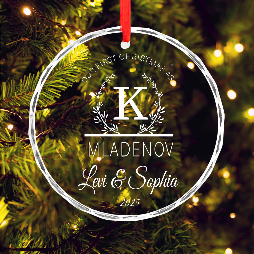 Our First Christmas As Ornament 2025 – Personalized Couple Glass Keepsake | Custom Name Wedding or Newlywed Gift