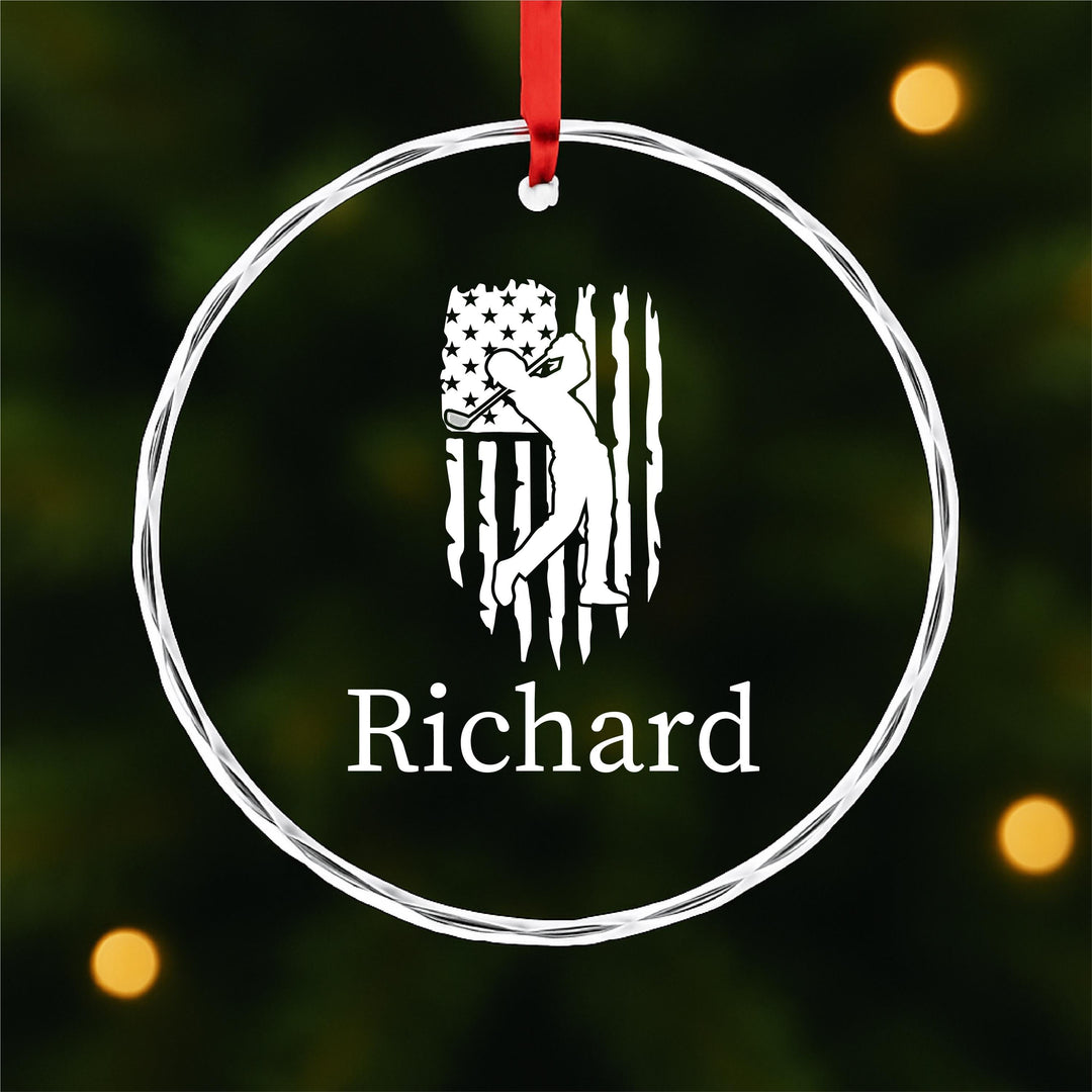 Patriotic Golf Ornament – Personalized Golfer Glass Keepsake | American Flag Golf Gift for Dad, Husband, or Sports Lover