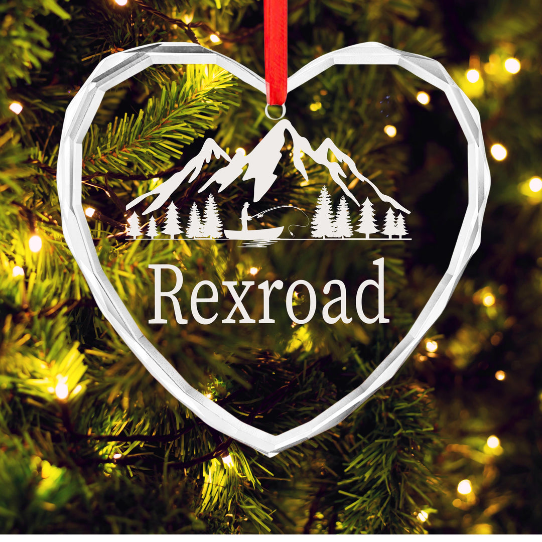 Personalized Fishing Ornament – Custom Mountain Scene Glass Keepsake | Rustic Cabin Christmas Gift for Fisherman or Outdoor Lover