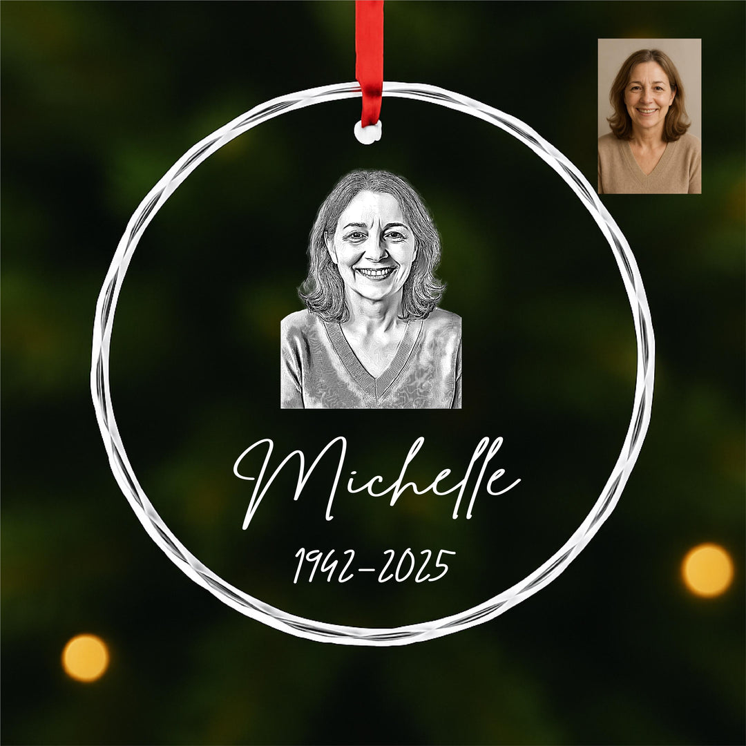Personalized Memorial Photo Ornament, Custom Engraved Glass Keepsake, In Memory of Loved One Christmas Gift