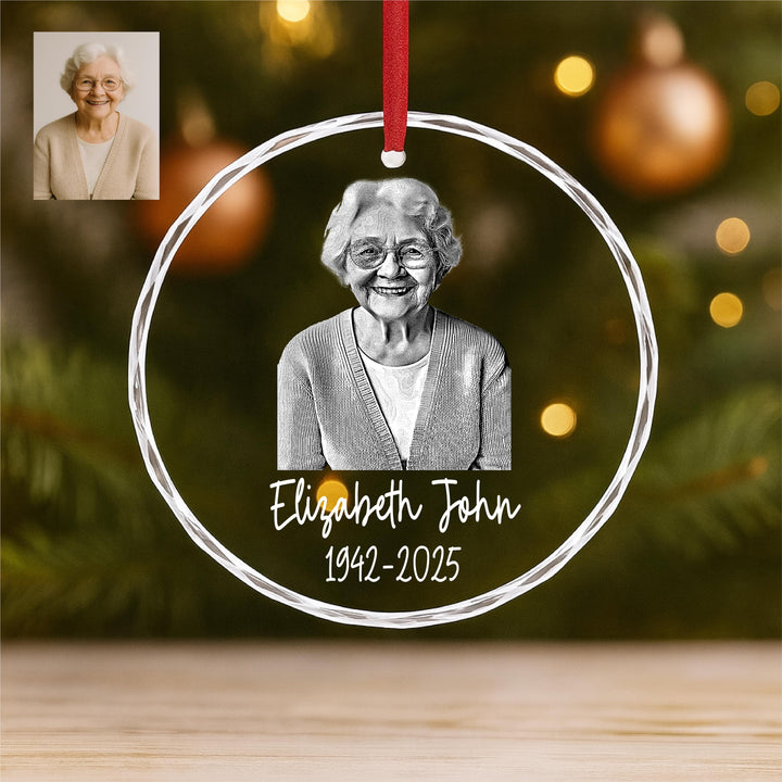 Personalized Memorial Photo Ornament, Custom Engraved Glass Keepsake, In Memory of Loved One Christmas Gift